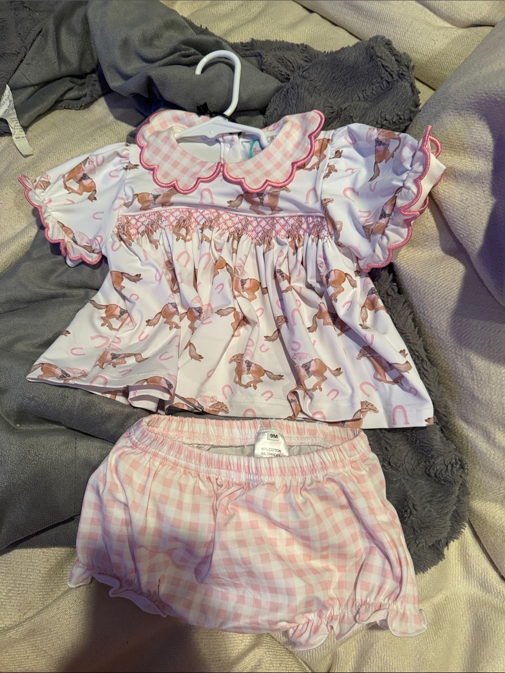Girls' Pink Horse Print Matching Pajama Set with Gingham Shorts